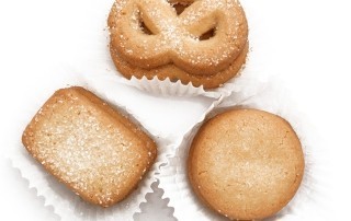 various shaped cookies pretzel coated with sugar